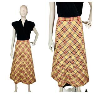 Vintage 80s 90s High-Waist Equestrian Plaid Academia Fall A-Line Midi Skirt M/L